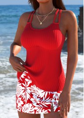 Mid Waisted Tropical Plants Print Red Tankini Set