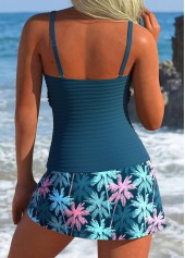 Mid Waisted Plants Print Peacock Blue Tankini Set