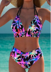 Mid Waisted Tropical Plants Print Multi Color Bikini Set