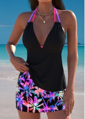 Mid Waisted Tropical Plants Print Multi Color Tankini Set