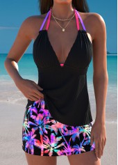 Mid Waisted Tropical Plants Print Multi Color Tankini Set