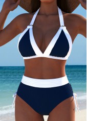 Mid Waisted Navy V-Neck Bikini Set