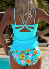 High Waisted Tropical Plants Print Cyan Tankini Set