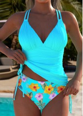 High Waisted Tropical Plants Print Cyan Tankini Set