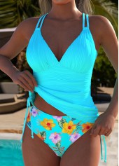 High Waisted Tropical Plants Print Cyan Tankini Set