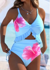 Floral Print Light Blue One Piece Swimwear