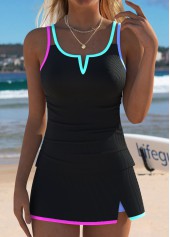 Mid Waisted Black Contrast Piping Tankini Set