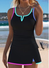 Mid Waisted Black Contrast Piping Tankini Set