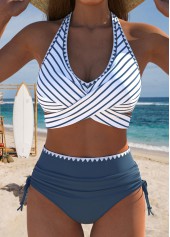 High Waisted Striped Dusty Blue Bikini Set