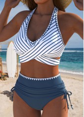 High Waisted Striped Dusty Blue Bikini Set