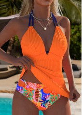 Mid Waisted Tropical Plants Print Orange Tankini Set