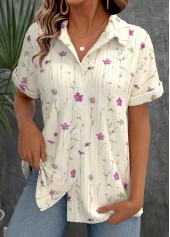 Ditsy Floral Print Beige Short Sleeve Shirt Collar Blouse