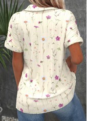 Ditsy Floral Print Beige Short Sleeve Shirt Collar Blouse