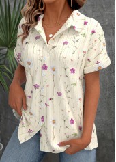 Ditsy Floral Print Beige Short Sleeve Shirt Collar Blouse
