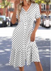 Polka Dot White Short Sleeve V Neck Dress