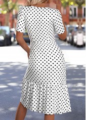 Polka Dot White Short Sleeve V Neck Dress