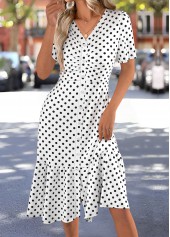 Polka Dot White Short Sleeve V Neck Dress