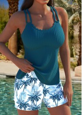 Mid Waisted Tropical Plants Print Peacock Blue Tankini Set