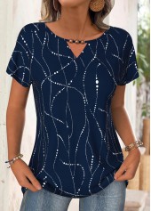 Geometric Print Navy Short Sleeve Round Neck T Shirt