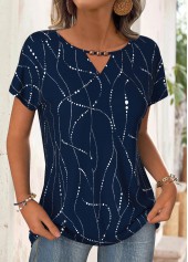 Geometric Print Navy Short Sleeve Round Neck T Shirt
