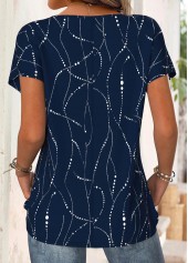 Geometric Print Navy Short Sleeve Round Neck T Shirt