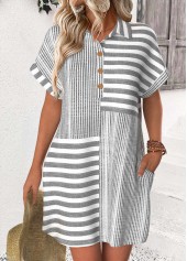 Striped Light Grey Short Shirt Collar Dress