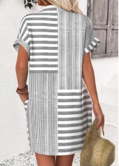 Striped Light Grey Short Shirt Collar Dress