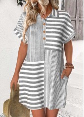 Striped Light Grey Short Shirt Collar Dress