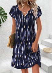 Geometric Print Navy Short Split Neck Dress
