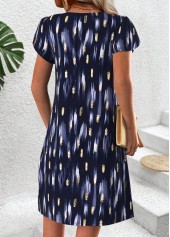 Geometric Print Navy Short Split Neck Dress