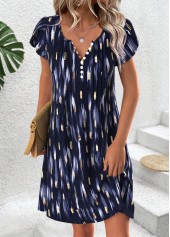 Geometric Print Navy Short Split Neck Dress