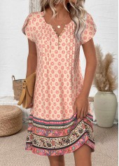 Random Floral Print Multi Color Short Split Neck Dress