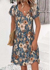 Floral Print Multi Color Short Split Neck Dress
