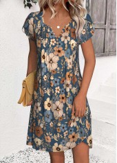 Floral Print Multi Color Short Split Neck Dress