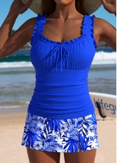 Mid Waisted Tropical Plants Print Royal Blue Tankini Set