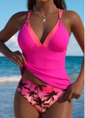 Mid Waisted Tropical Plants Print Hot Pink Tankini Set