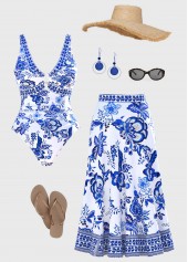 Random Floral Two-Piece One Piece Swimwear and Skirt