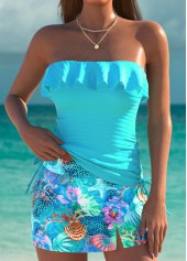 Mid Waisted Marine Life Print Cyan Tankini Set