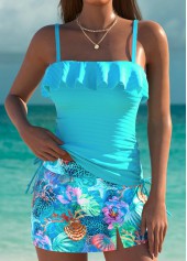 Mid Waisted Marine Life Print Cyan Tankini Set