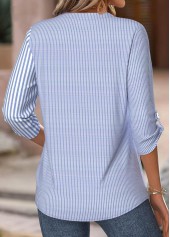 Striped Blue 3/4 Sleeve Split Neck Shirt