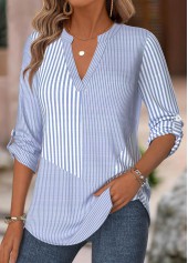 Striped Blue 3/4 Sleeve Split Neck Shirt