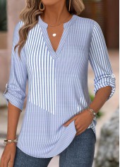 Striped Blue 3/4 Sleeve Split Neck Shirt