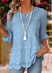 Dusty Blue Long Sleeve Split Neck Blouse