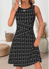Plaid Black Sleeveless Round Neck Dress