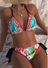 Mid Waisted Tropical Plants Print Red Bikini Set