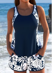 Mid Waisted Floral Print Navy Tankini Set