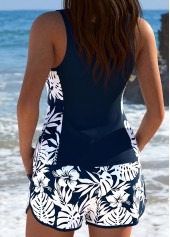 Mid Waisted Floral Print Navy Tankini Set