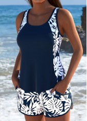 Mid Waisted Floral Print Navy Tankini Set