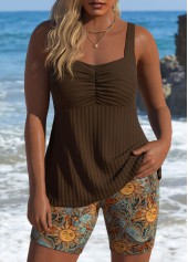 Mid Waisted Star Print Dark Coffee Tankini Set