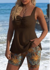 Mid Waisted Star Print Dark Coffee Tankini Set